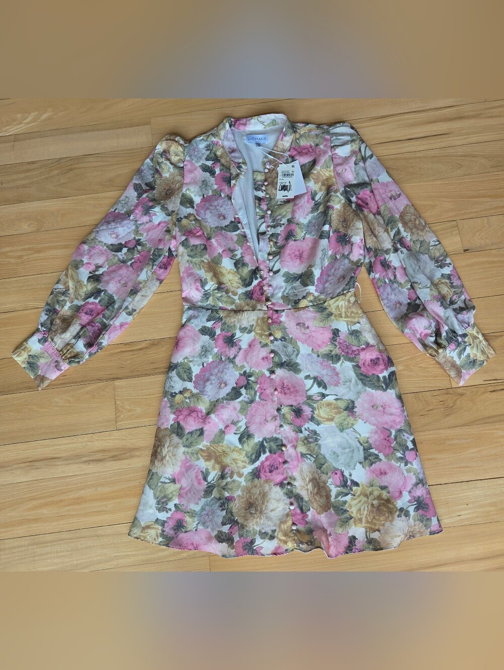 Lucy Paris Floral Mini Dress Puff Sleeve Button Front Romantic Cottagecore NWT M - Picture 3 of 6
